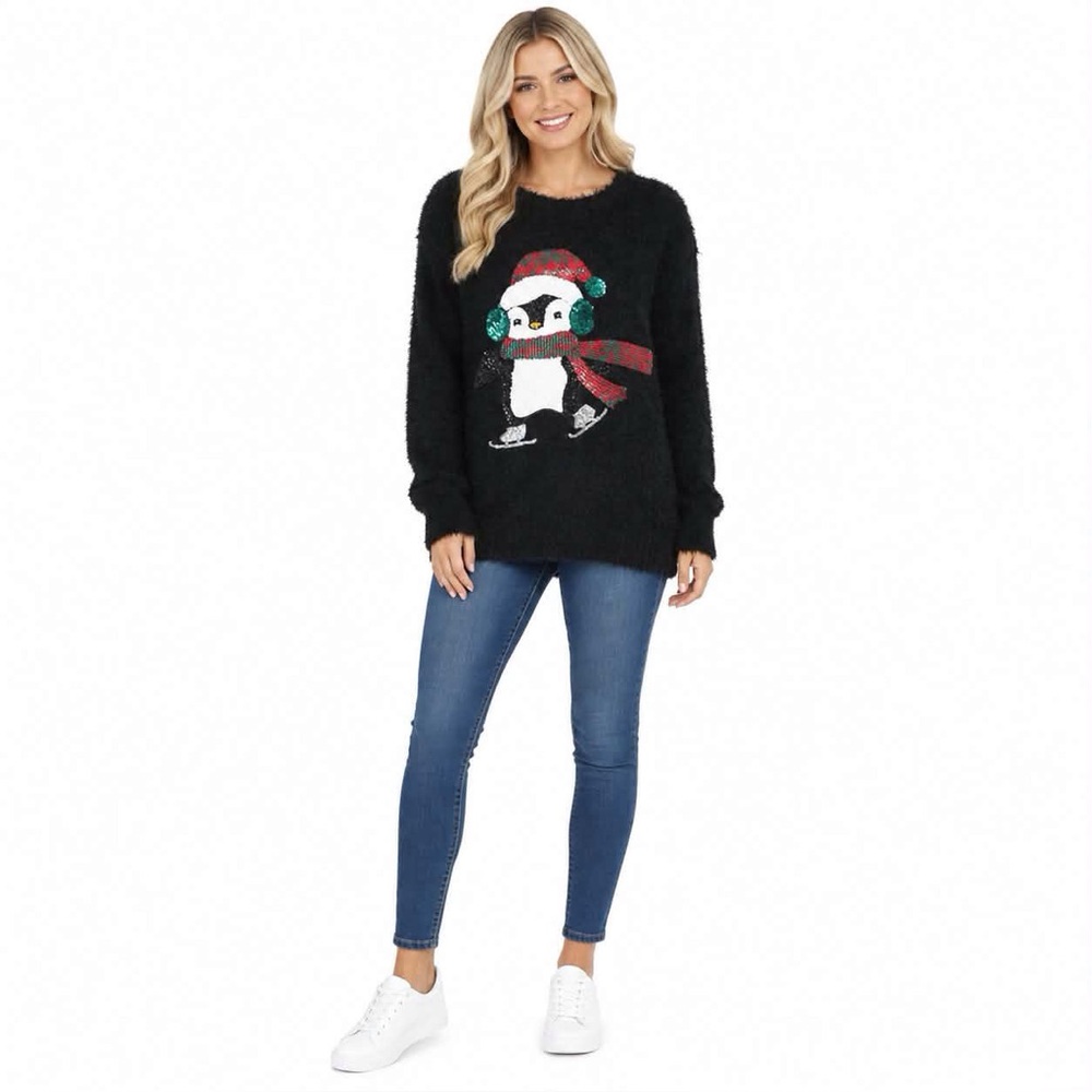 Time & Tru Teddy Bear Fleece Sequined Ice Skating Penguin Ugly Christmas Top
